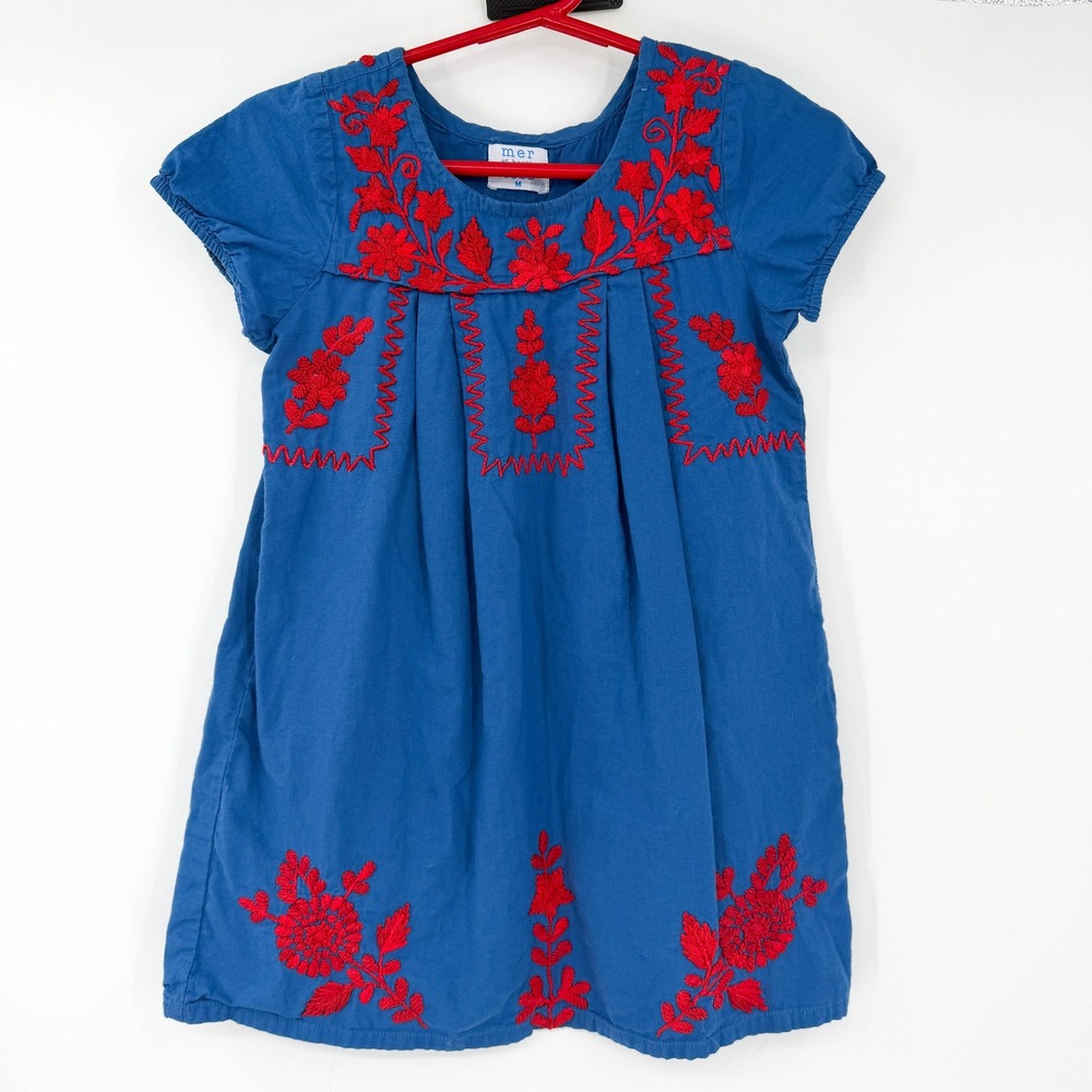 Mer St. Barth Girls Blue Red Floral Embroidered Short Sleeve Dress Size Medium 6